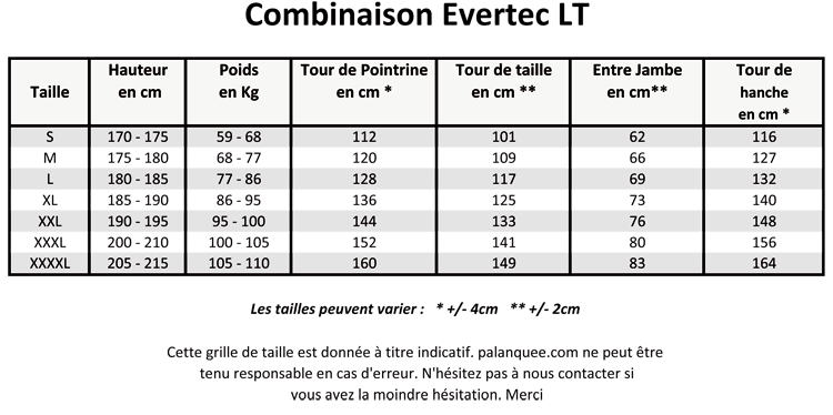 grille de taille des combinaison Scubapro Evertec LT