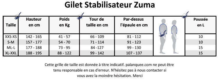 grille taille gilet stabilisateur Aqualung Zuma